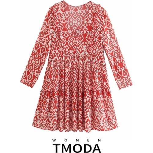 TMODA1658 Za 2021 Summer Women Floral Print Mini Dress Ladies Three Quater Sleeve V Neck Dress Casual High Waist Elegant Vestido
