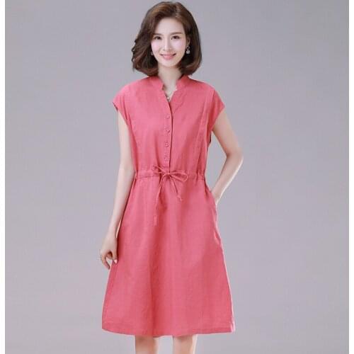 Cotton Linen Short sleeve dress women 2019 Summer new Loose temperament Knee-Length dress vintage V-Neck Pockets dress women