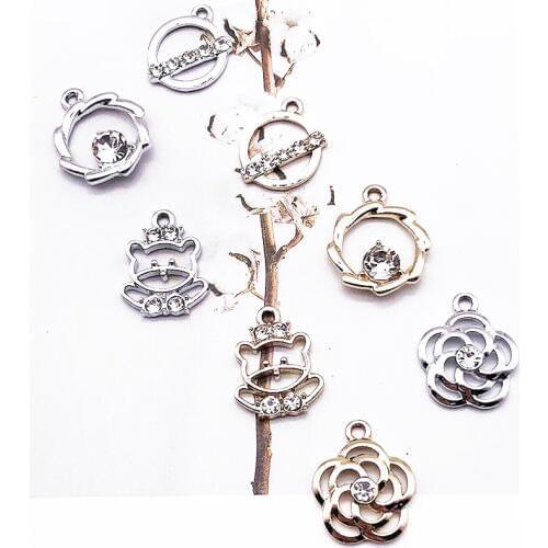 10pcs Rhinestone Geometric Round Bear Flowers Charms Shining Crystal Floating Bracelet Making Pendants Jewelry Accessories YZ232