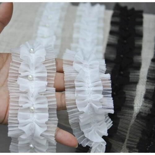 10 Yards/Lot Chiffon Flower Lace Ruffled Pearl Band Ribbon Black and White Double Layer Pleated lace