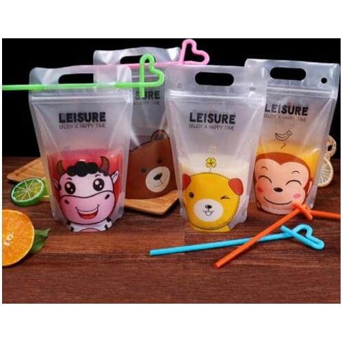 100 pcs Colorful Cute Cartoon Plastic Beverage Bag DIY Drink Container Drinking Water Bag Juice Food Storage Bag with Handle