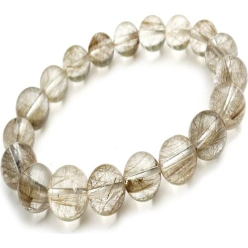 13mm Genuine Brazil Natural Silver Hair Rutilated Quartz Crystal Transparent Round Bead Jewelry Femme Woman Stretch Bracelet