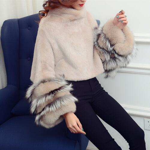 2020New Fashion Female Mink Coat Short Mink Fur Short Sleeve Head Cape Silver Fox Fur Coat