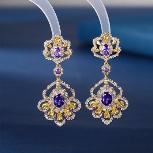 EYER Retro Shiny Cubic Zirconia Stones Flower Dangle Earrings Blue Color Crystal Flower Earrings for Women Party Yellow Jewelry