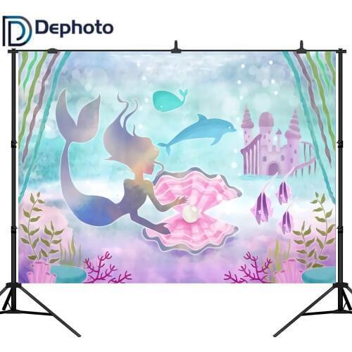 DePhoto Little Mermaid Photography Backdrops Castle Undersea Birthday Party Custom Photo Background Fund Camera Photographic