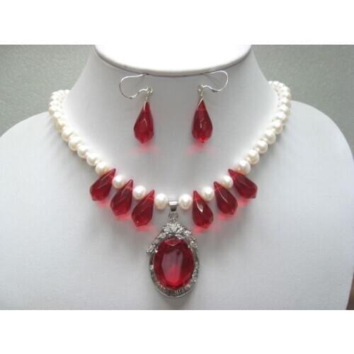 New 8-10mm White Freshwater Pearl/Red Crystal Necklace&Dangle Earrings Pendant Jewelry Set