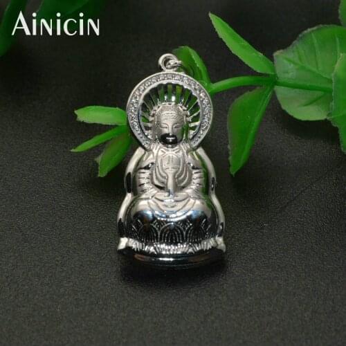 925 Sterling Silver CZ Stone Setting Guanyin Buddha Pendant Classic Chinese Lucky Jewelry Bodhisattva Amulet Gifts For Men Women