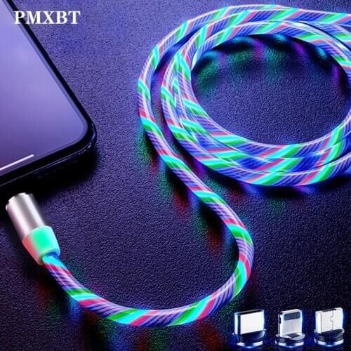 Magnetic Charging Micro USB Type C Cable LED Flow Luminous Lighting Data Wire for iphone Samaung Huawei Mobile usb Charger Kable
