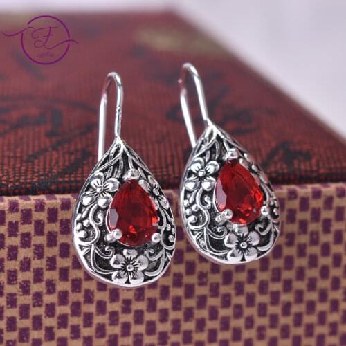 New Drop Pear-shaped Retro Earrings Thai Silver Created Ruby Earrings 925 Silver Dangle Earrings Jewelry for Women