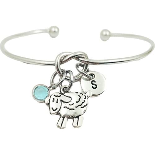 Sheep Animal Creative Initial Letter Monogram Birthstone Adjustable Bracelet Fashion Jewelry Women Gift Pendant