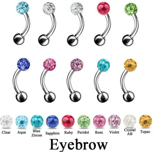 BOG-1 PC Surgical Steel Curved Eyebrow Tragus Cartilage barbell Piercing Rings with Epoxy Multi Crystal Ferido Balls 16g