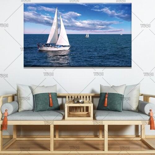 Nordic Posters and Prints Blue Sailboat Canvas Painting Seascapes Wall Pictures For Living Room Office Decorative framed