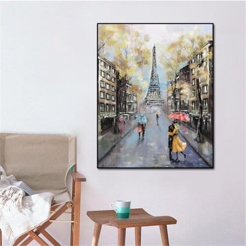 Romantic City Oil Painting Landscape Tower Couple With Umbrella on Street Wall Art Picture Poster Canvas Painting Home Decor