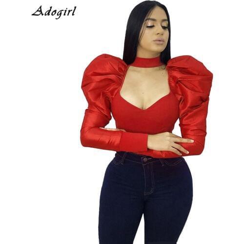 Vintage Puff Sleeve Blouse Women Sexy V Neck Long Sleeve Slim Red Shirts Women Casaul Night Club Black Tops Shirt Plus size 3XL