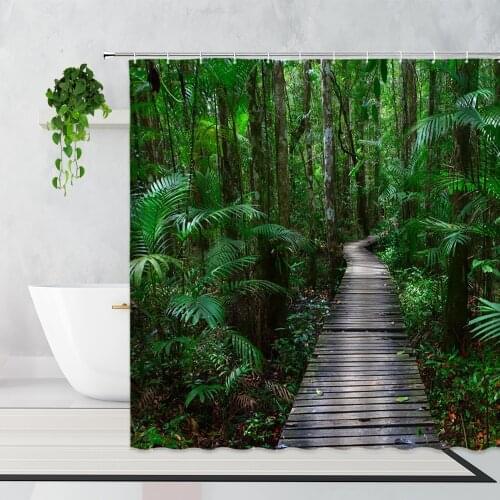 Green Forest Scenery Shower Curtains Plank Road Jungle Plants Bathroom Curtains Polyester Waterproof Bathtub Screen With Hooks