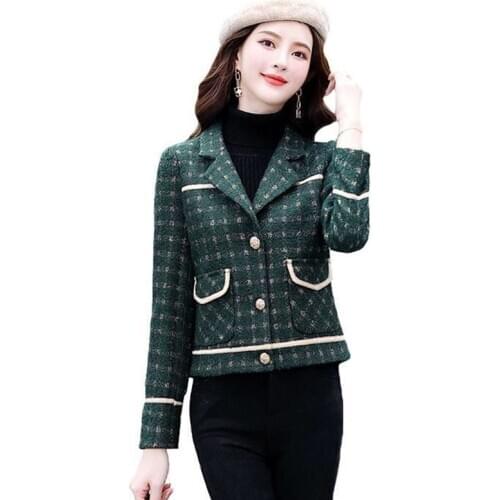Womens Jacket Korean Style Vintage Woolen Coat Spring Autumn Long Sleeve Short Plaid Wool Coat Female Woolen Outerwear R815