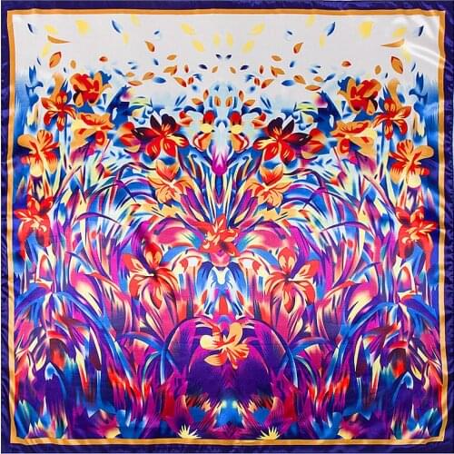 Oil Painting Scarf for Women 90cm Square Scarf Lavender Print Female Silk Scarf Shawl Bandana Scarves for Ladies
