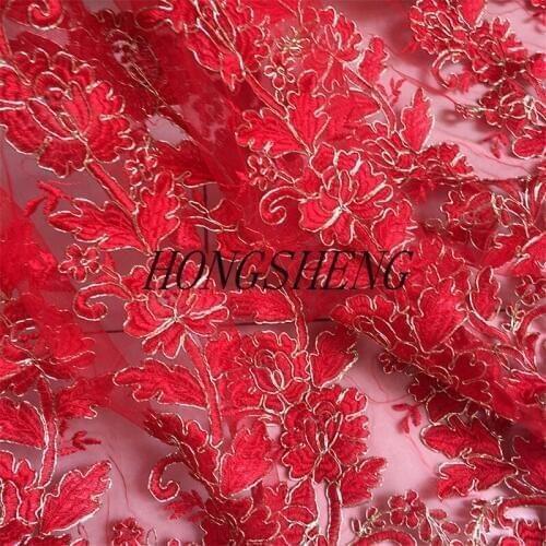 2MeterX 130cm Red Tulle Gold Cording Fabric Mesh Embroidered Flower Fabric Lace Wedding Dress LR0021