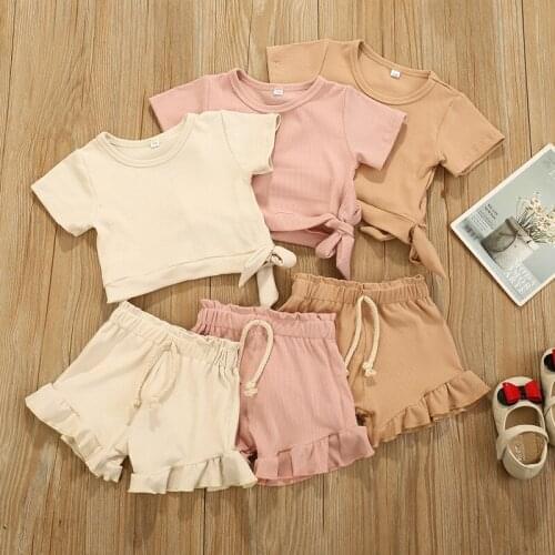 Children Summer outfit Baby Girl ruffle 2pcs Suit Short sleeve Cotton rounded Blouse+ruffle Short Set Kids Plain fashion TZ005
