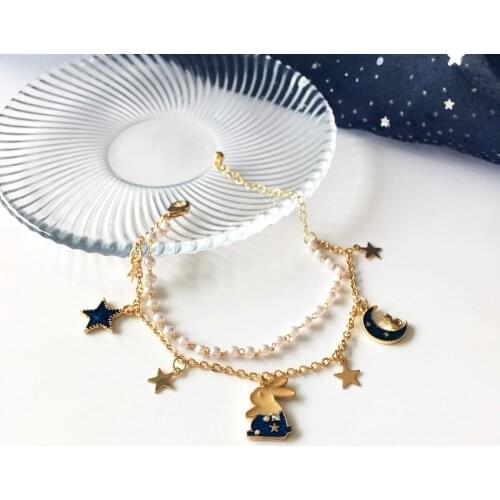 Double Layers Pearls Korean Bracelets for Women Beautiful Moon Star Bead Bracelet
