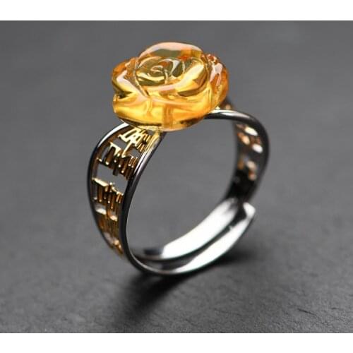 FNJ Amber Rose Flower Rings 925 Silver Adjustable Size Open S92 Solid Silver Ring for Women Jewelry Romantic