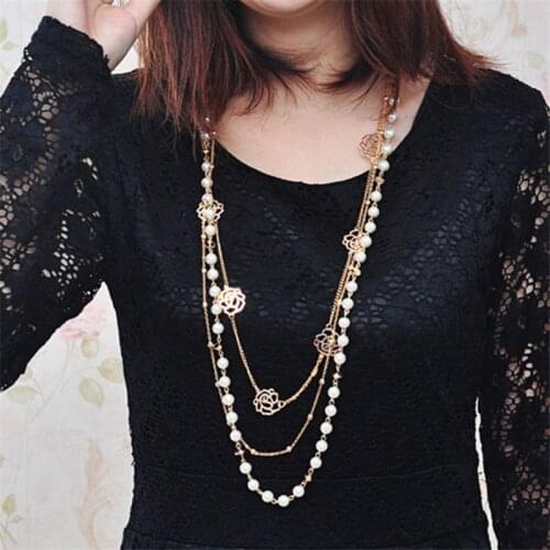 Faux Peal Long Sweater Chain With Multi-Layer Flower Rosette Necklace For Womens Clothing Accessories