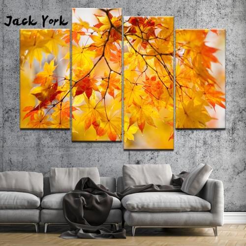 Canvas Painting Yellow maple leaves in autumn 4 Pieces Wall Art Painting Modular Wallpapers Poster Print living room Home Decor
