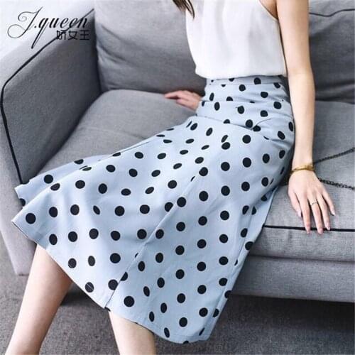 Summer Silk Midi Skirts Womens Korean England Style Dot Satin Office Lady Simple Skirts Black Plus Size Trumpet/Mermaid Skirts