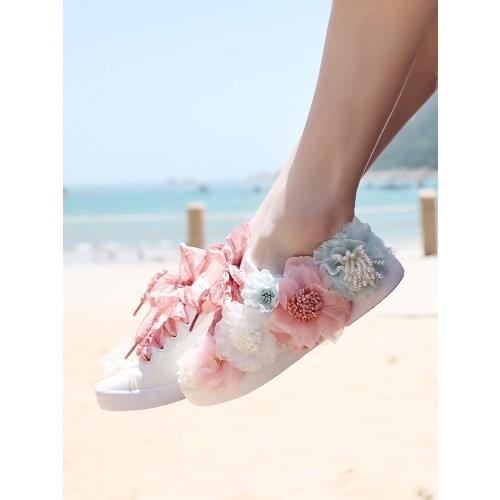 Han handmade pearl flower canvas shoes small white shoes casual shoes personality wedding shoes fresh sweet wind