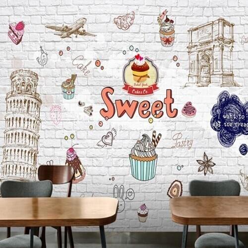 Drop Shipping Custom Photo Wallpaper European Hand Painted Cartoon Dessert Shop Wallpaper Tower Coffee Cake Decoration Mural