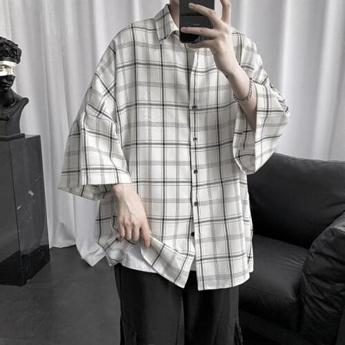 2021 Shirt Lapel Spring Shirt Plaid Batwing Sleeve Loose Coat Harajuku Casual Loose Student Coat