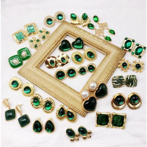 Green Styles Fashion Heart Oval Round Square Heart Wing Geometric Sweet Stud Earring Party Modern Female