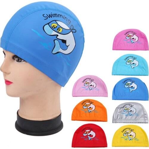 PU Fabric Swimming Cap Cute Cartoon Animal Dolphin Kids Children Waterproof Protect Ears Long Hair Boys Girls Swim Pool Caps Hat