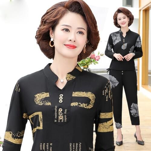 5XL Large Size Sportswear Suit Spring Autumn Womens Suits print Top & Harem Pants 2 Pcs Sets Casual Tracksuits Mother Dress K46