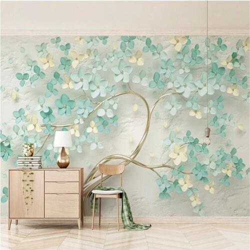 Milofi new small fresh mint green 3d three-dimensional flower relief wallpaper wall cloth background wall