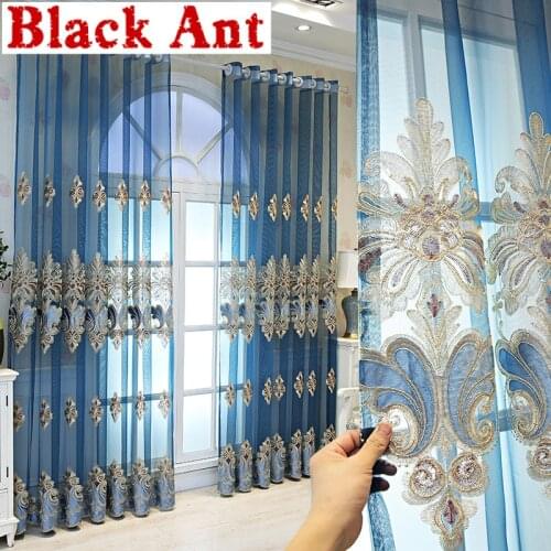 Three-Dimensional Blue Window Screen For Living Room Embroidery Tulle Curtain Bay Luxury Sunscreen Window Drapes X-JD969#20