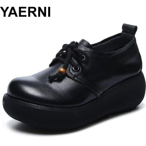 YAERNI shoes woman 2020 spring high quality 100% genuine leather platform shoes women retro handmade single platform shoes