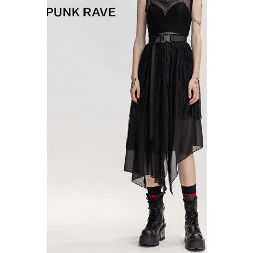 PUNK RAVE Girls Punk Irregular Dark Lace High Waist Skirt Black Casual Women Versatile Mid-length Asymmetrical Skirts Summer