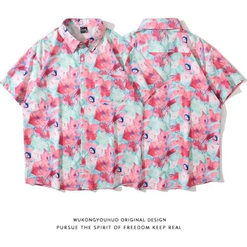 2021 Summer Fashion Pink Floral Print Blouse Women Casual Loose Short Sleeve Shirt Hawaiian Beachwear Street E Girl Shirts Top