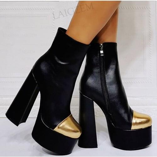 BERZIMER SUPER Women Ankle Boots Platform Round Toe Block High Heels Booties Patchwork Shoes Woman Botas Mujer Big Size 41 44 47