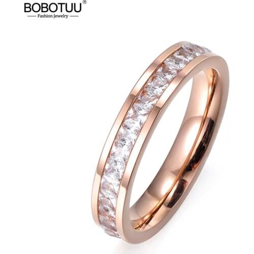 BOBOTUU Simple Design Mosaic Clear Cubic Zirconia Rose Gold Color Titanium Steel Wedding Rings For Women Gifts Anillos BR17052