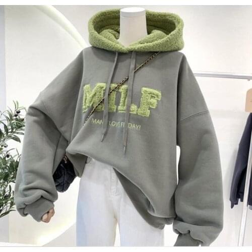 Hoodies Womens Sweatshirts Letter Print Lamb Wool Pullovers Loose Korean Style Jacket Full Sleeve Casual Tops