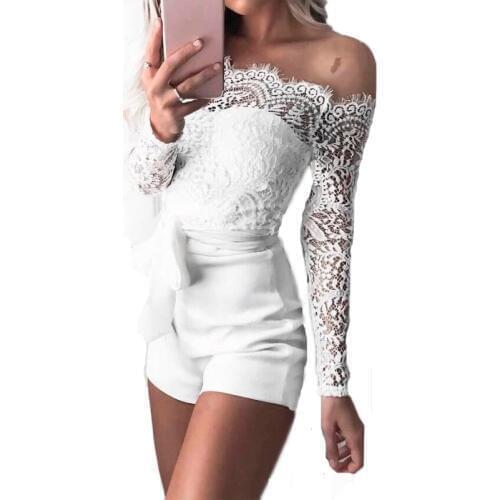 Women fancy summer fall off shoulder sexy playsuits jumpsuits long sleeve sheer lace patchwork hollow bandage skinny Outfits set