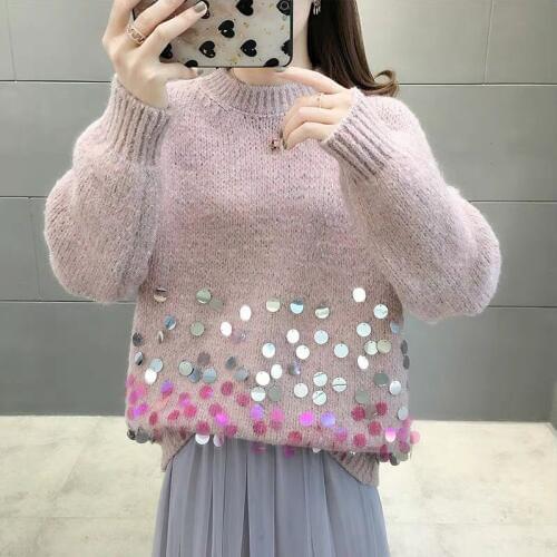 Women Chic Sweater Sequins Knitting Autumn Ladies Knit Sweater Long Sleeve Cozy Elegant Pullover TopsO-Neck blusas mujer de moda
