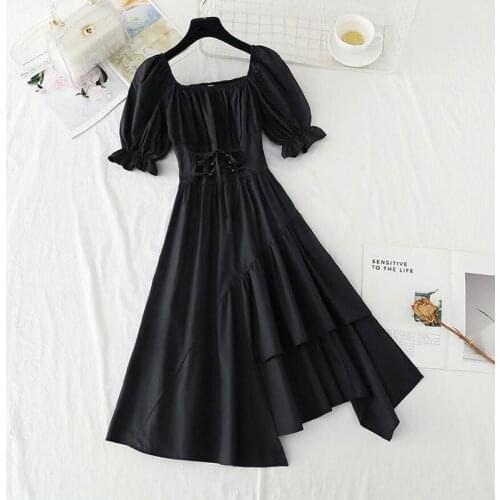 Women Slash Neck Black White Dress 2021 Summer Puff sleeve Ruffle Vintage Party Vestidos Elegant Bandage Irregular Dresses