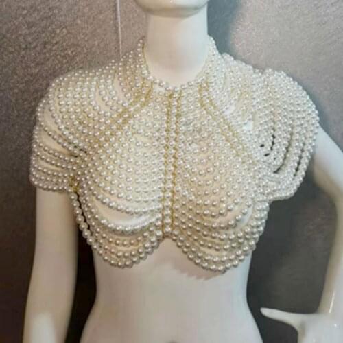 2021 Women Imitation Pearl Beaded Bib Choker Necklace Body Chain Shawl Collar Jewelry Female Party Luxurious Decorative