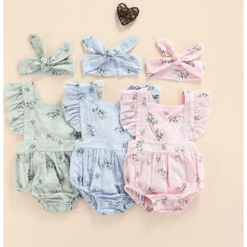 2021 0-24M Cute Infant Baby Girl Playsuit Summer New Floral Print Fly Sleeve Square Collar Bow Back Romper+Headband 2pcs