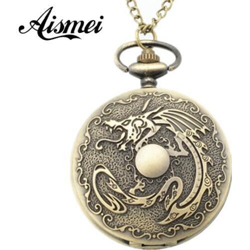 25pcs/lot Antique Chinese Dragon Design Steampunk Quartz Pocket Watch Chain Bronze Pendant Necklace wholesale send by EMS DHL