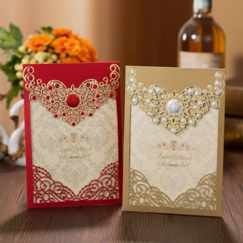 50pcs/lot Red Gold Laser Cut Wedding Invitations Card Crown Floral Greeting Cards Printable Envelopes Event Party Decorations