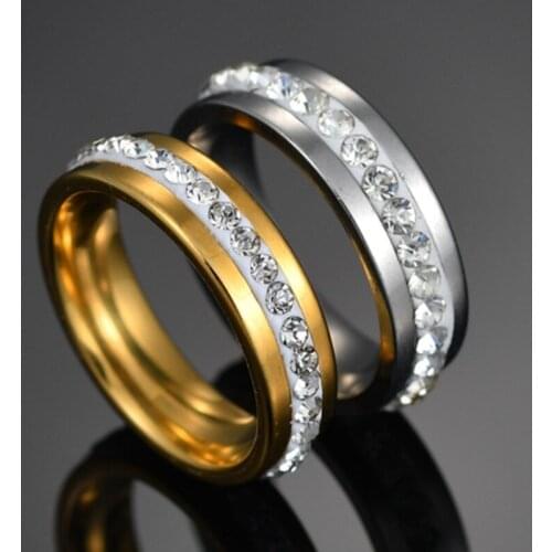 8MM Stainless Steel Crystal Ring Gold Silvery For Women Men Bride Wedding Rings Jewelry Party Accessory